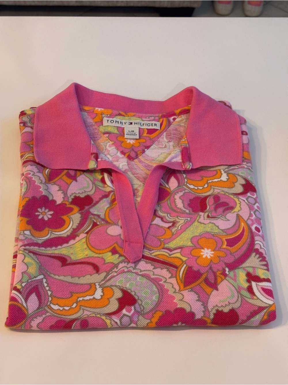 Tommy Hilfiger Pink and Orange Floral Paisley Polo Shirt, Women’s Large